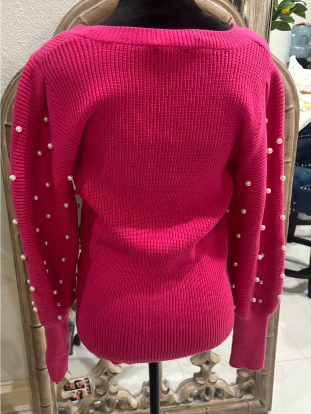 belle sky Hot Pink Off-Shoulder Pearl Sleeve Sweater